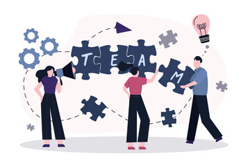 Business team collect word Team from puzzles. Concept of working together and corporate. People collaboration. Efficient and productive teamwork