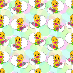 Easter сhick and egg with flowers. Vector hand drawn seamless pattern.