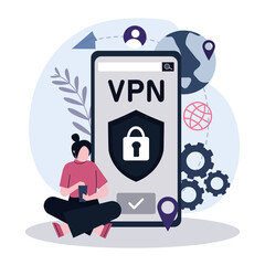 Woman use VPN to protect personal data in phone. App for secure internet connection, data encryption. Security protocol and privacy protection