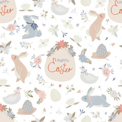 Seamless pattern with different Easter eggs and rabbit.