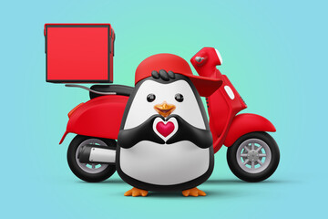 Penguins make a heart shaped hand, penguin delivery, 3d rendering