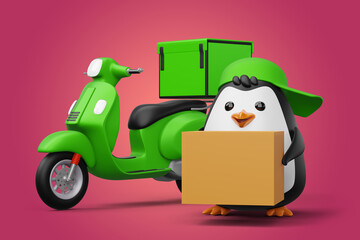 Cute penguin holding a parcel box, penguin delivery, 3d rendering