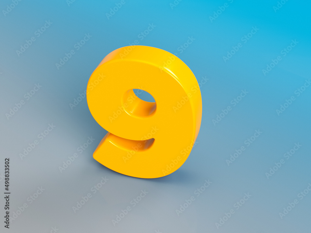 Fototapete orange-colored number nine. on grayish-blue colored background. horizontal composition with copy spa