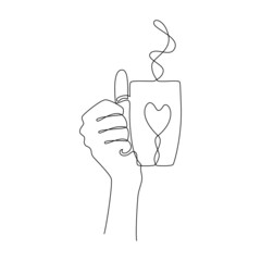 Single one line drawing of hand holding a mug with a heart. Concept of hot coffee or tea made with love. Template for print, menu, card, invitation, advertisement. Sketch, line art. Minimalist style.