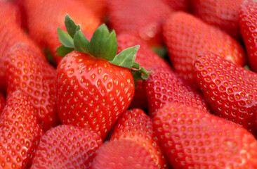 Strawberry, background Large grain and sweet. This strawberry is produced in Huelva, Spain. Just one showing the green crown