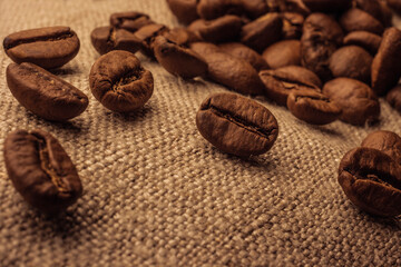 Coffee beans on sackcloth texture