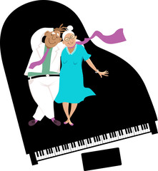Happy senior couple laying on top of a grand piano, view from the top, EPS 8 vector illustration