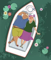 Happy senior couple floating carefree in a boat on a beautiful lake with water lilies, EPS 8 vector illustration