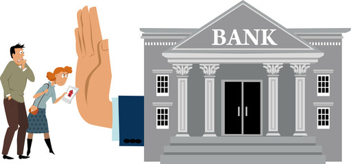 Couple wishing to buy a house is getting rejected by a bank for mortgage  loan, EPS 8 vector illustration