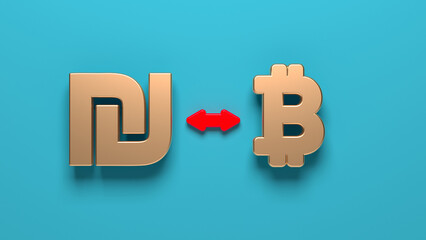 The golden Israeli shekel symbol bitcoin icon and red-green finance arrows. On blue-colored background. Horizontal composition with copy space. - obrazy, fototapety, plakaty