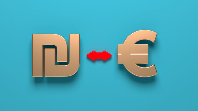 The golden Israeli shekel symbol euro sign and red-green finance arrows. On blue-colored background. Horizontal composition with copy space.