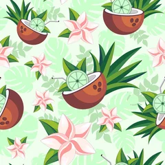 Foto auf Acrylglas Zeichnung Limette in Kokosnuss mit rosa Plumeria-Blumen Tropischer Sommer Nahtloses Textilmuster wiederholen