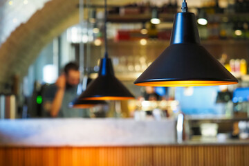 Interior decoration restaurant. Lighting modern ceiling lamps