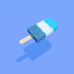 Blue popsicle ice cream with blue background , sun shadow and plastic toy teeth against blue pastel background..Abstract minimal composition. .