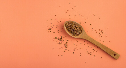 Pimpinella anisum - Anise seed condiment in wooden spoon