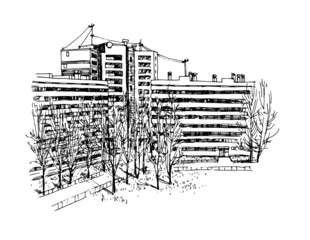 The courtyard of the residential area. Panel house-ship in Saint-Petersburg. Vector illustration in black ink, isolated on a white background in a doodle and hand drawn style.