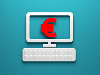 Obraz premium White-colored computer icon and euro symbol. On the grayish blue-colored background. Horizontal composition isolated with clipping path.