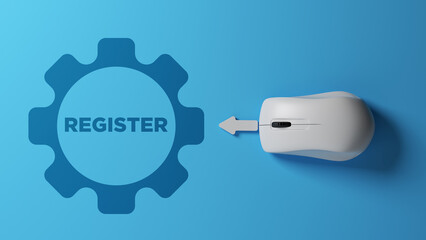 White-colored arrow computer mouse and registration text. On yellow-colored background. Horizontal composition isolated with clipping path.