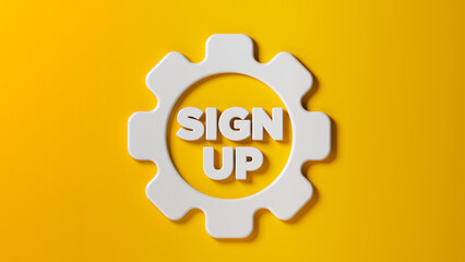White-colored gear icon and sign-up text. On yellow-colored background. Horizontal composition isolated with clipping path.