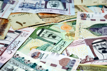 Egyptian pounds banknotes money of 100 LE and 200 LE with Saudi Arabia riyals money banknotes of...