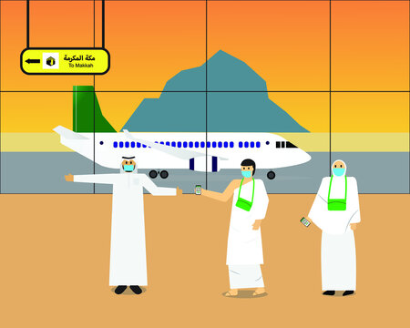 An illustration of pilgrims showing vaccination cert to imigration control for visiting Makkah during Hajj and Umra in airport terminal. Arabic word written Mecca name