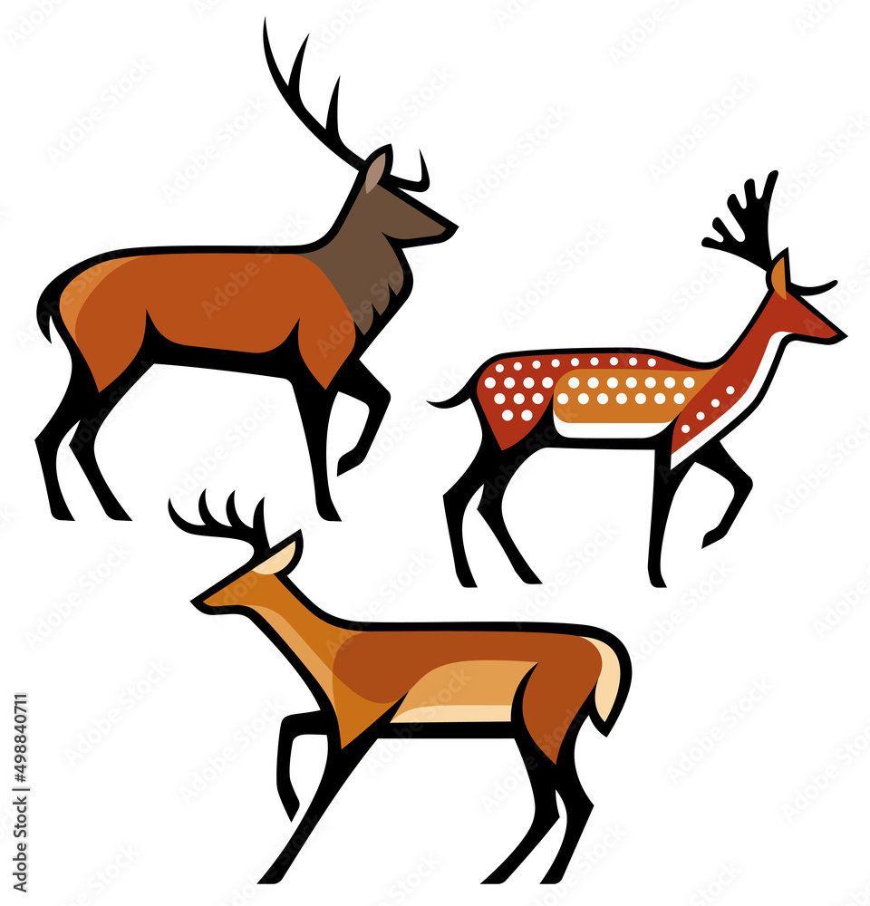 Poster stylized deers - red deer, fallow deer and white-tailed deer