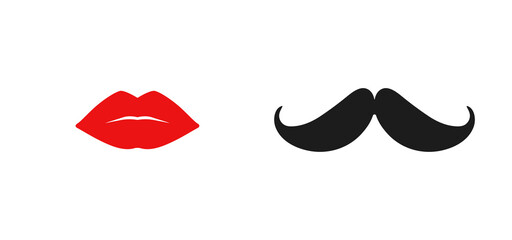 Red lips and mustache icons isolated. Design elements for cards, banners, posters, male and female toilet symbols.