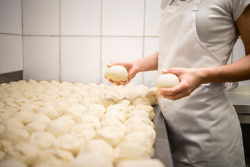 Close up view of baker hands kneading and preparing dough or bred for baking.