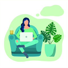 Fototapeta na wymiar Girl freelancer sitting under laptop with cup of tea. Woman thinking speech bubble over her head. Remote work from home. Concept of online consultations and courses. Vector illustration in flat style