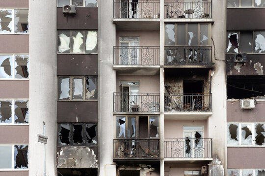 Attack Russia Ukraine ruins building insurance. 2022 Russian invasion Ukraine war Bucha destroyed building destruction city aftermath shell civilian hitting building damage Ukraine destruction facade