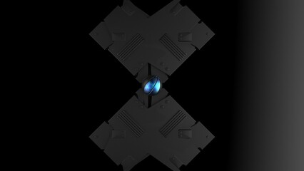 Metallic Black-Blue Basketball on Matte Black Metal Plates. 3D illustration. 3D CG. High resolution.