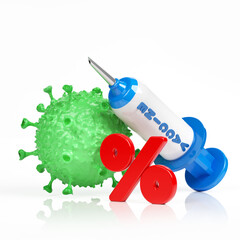 Red-colored percentage sign vaccine icon and green-colored coronavirus. On white-colored background. Square composition with copy space. No cutout.