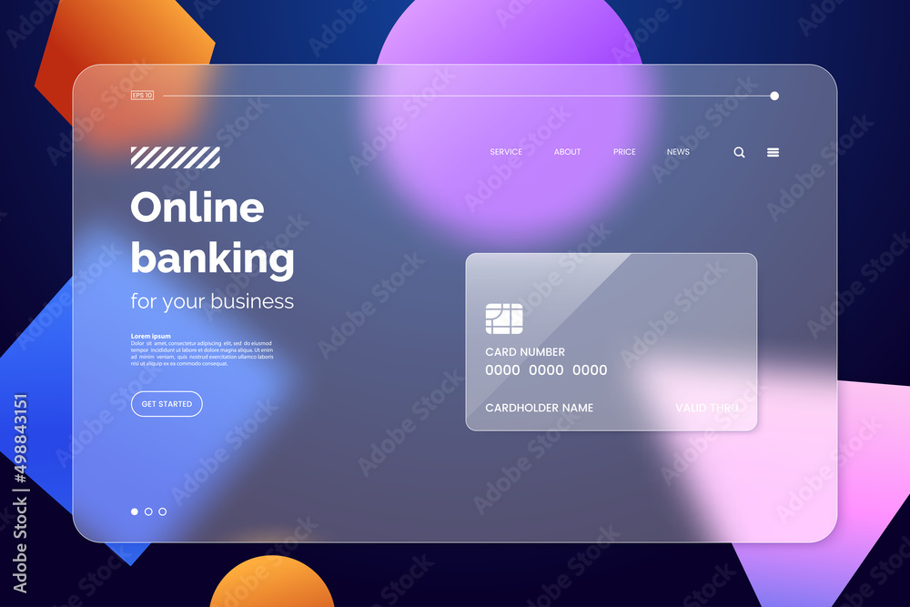 Poster Landing page template in glassmorphism style. Horizontal Website screen with glass overlay effect isolated on abstract background. Online banking concept. Vector illustration.