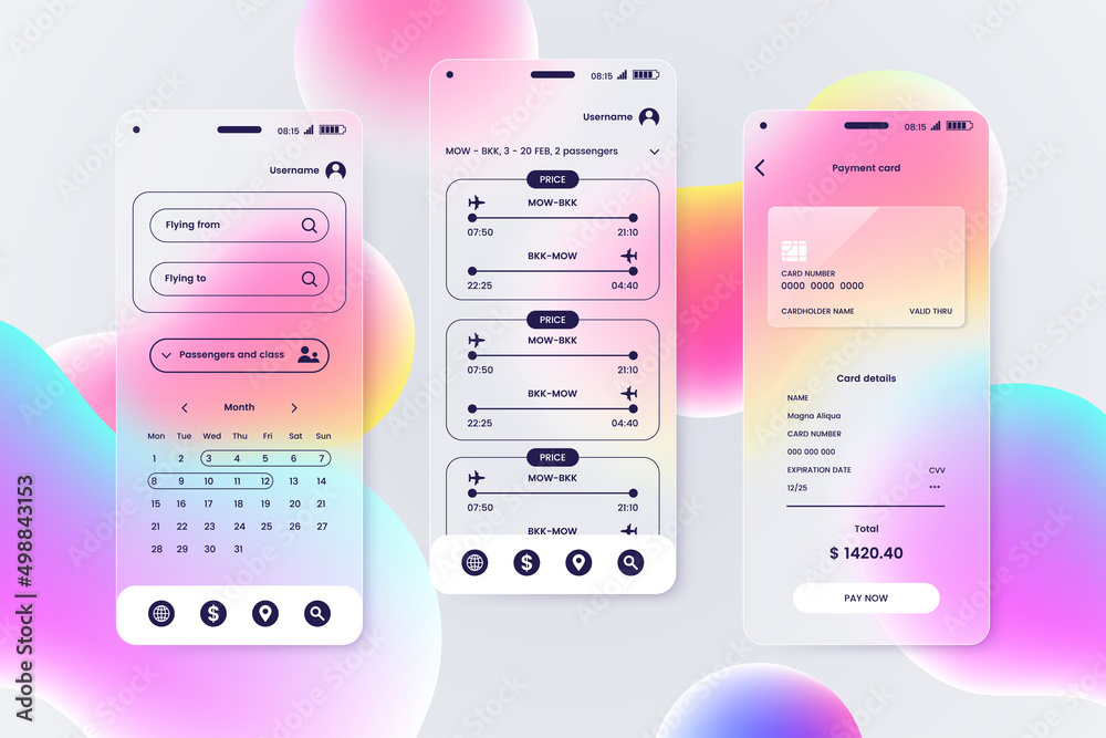 Leinwandbilder UI UX screens kit in glassmorphism style. Smartphone screen with glass overlay effect isolated on abstract background. Mockup for mobile app demonstration. Liquid gradient shapes. Vector illustration