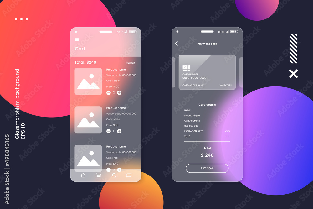Poster UI UX screens kit in glassmorphism style. Smartphone screen with glass overlay effect isolated on abstract background. Mockup for mobile app presentation. Vector illustration