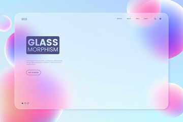 Website landing page template in glassmorphism style. Horizontal Website screen with glass overlay effect isolated on abstract background with liquid gradient shapes. Vector illustration. - obrazy, fototapety, plakaty