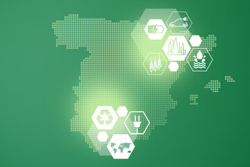 Energy saving concept. Energy innovation with future industry of power generation icons graphic interface. Interactive map of    Spain on green background