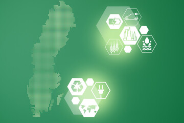 Energy saving concept. Energy innovation with future industry of power generation icons graphic interface. Interactive map of    Sweden on green background