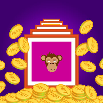 NFT non fungible token. Crypto art. nft art. NFT collection. Gold coins NFT and paintings. Crypto art investing concept.