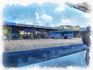 bus station landscape watercolor style illustration impressionist painting.