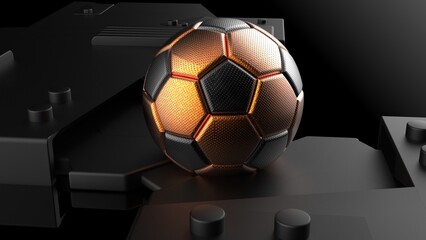 Metallic Black-Orange Soccer ball on Matte Black Mechanical Plates. 3D illustration. 3D CG. High resolution.