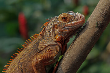 Red iguana on tree trunk, juvenile red iguana