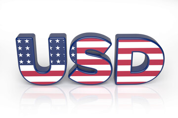 American flag and USD text. On white-colored background.Horizontal composition with copy space. Isolated with clipping path.