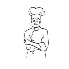 portrait male chef standing with folded arms illustration vector hand drawn isolated on white background line art.