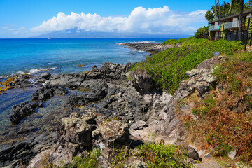 Fototapeta na wymiar Rugged coast between the Napili and Kapalua Bays in the West of Maui island, Hawaii, United States