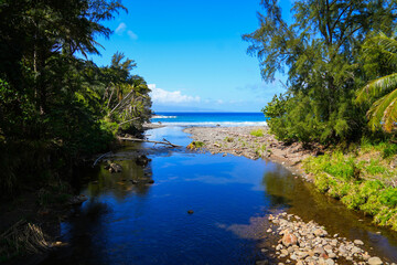 Fresh water creek flowing into Honokohau Bay between the Kahekili and Honoapiilani highways on West Maui, Hawaii - Gravel beach surrounded by palm trees and steep cliffs in the Pacific Ocean