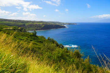 Obraz premium Honokohau Bay between the Kahekili and Honoapiilani highways on West Maui, Hawaii - Green cliffs above the Pacific Ocean