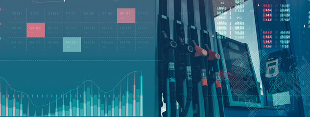Gas station with fuel dispensers on technological background. Graph of rising prices for gasoline and fuel.