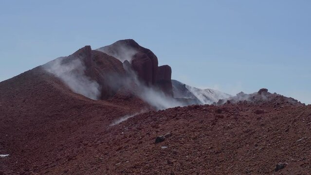 Caldera of Avachinsky stratovolcano, also known as Avacha Volcano. Swinging steam from hot geysers. Kamchatka Peninsula, Russia.