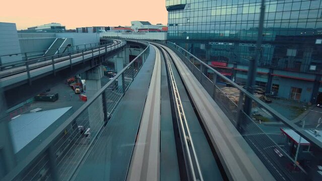 Ryding on the Skyline train in Frankfurt airport Germany on a sunny late afternoon
